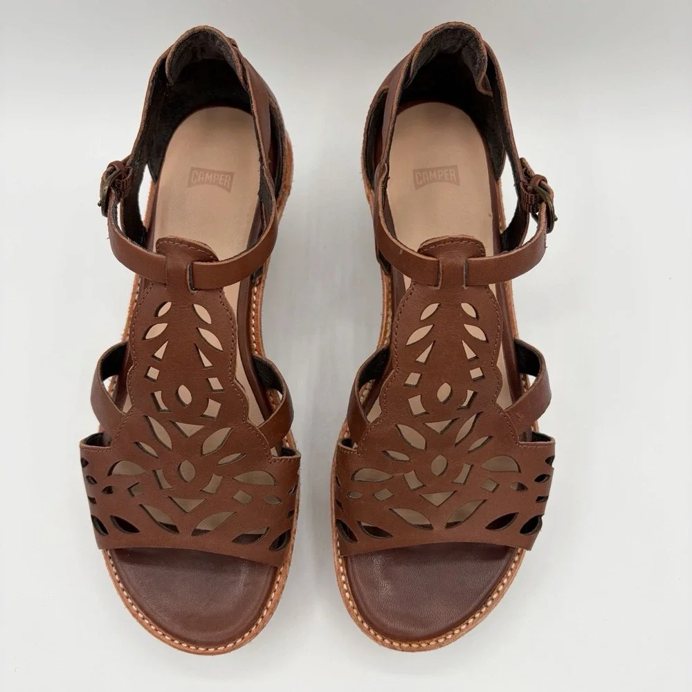 Camper Damas Cognac Leather Caged Slingback Wedge Sandals Sz 36/6